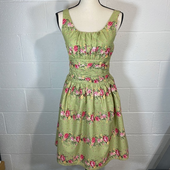 Voodoo Vixen Floral Olive Smocked Back Dress - Picture 1 of 16